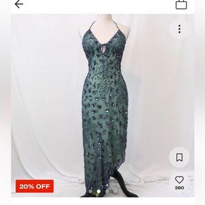 Vintage silk leaf and flower embroidered green teal blue dress size small sequin